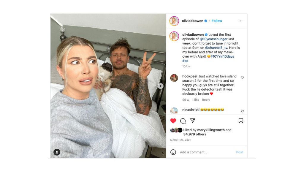 love island olivia and alex bowen promoting 10 years younger