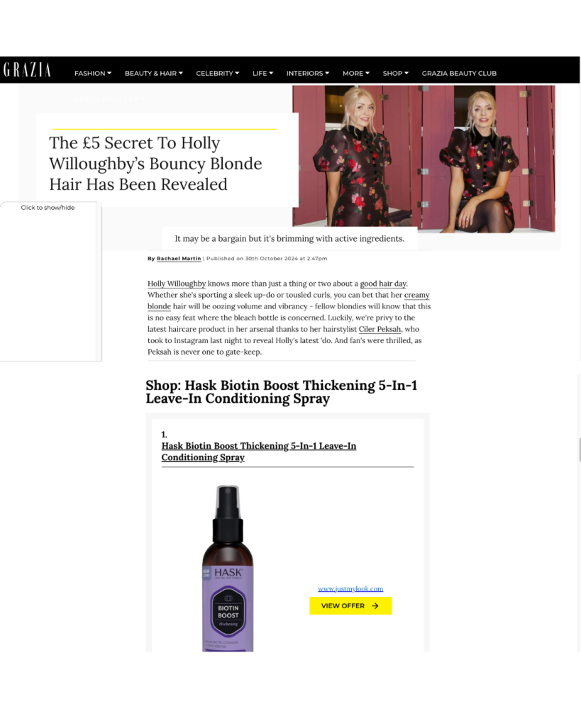 a screenshot of grazia magazine showing holly willoughby and HASK product