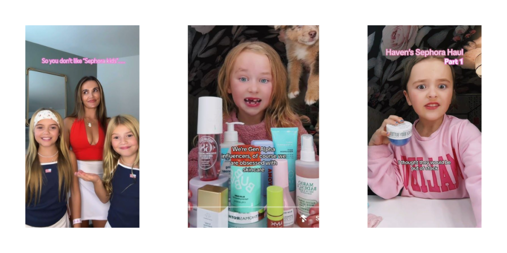 screenshots of children with beauty products on social media