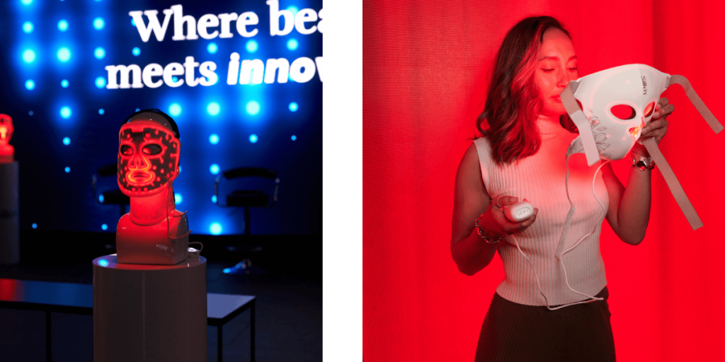 wo images, one on the left showing the Silk'n LED EMS face mask on a plinth. The second image shows a woman trying the mask against a red backdrop.