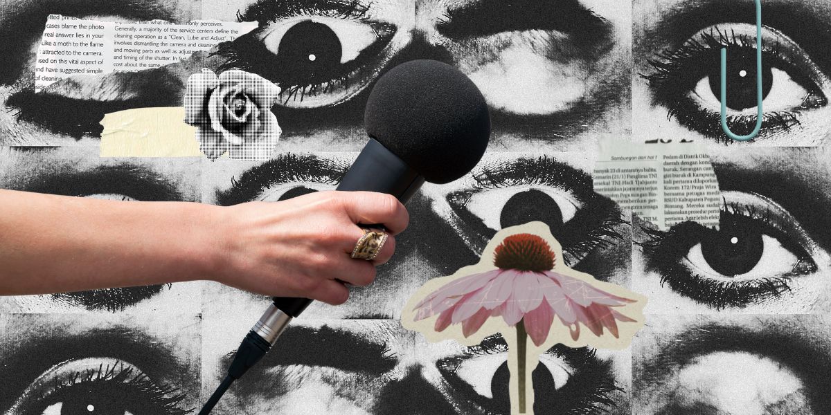 A collage of a microphone held laid over eyes and text.